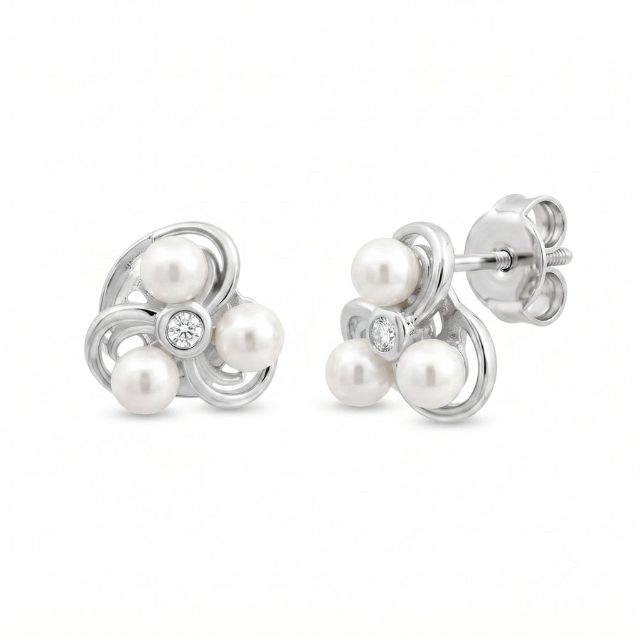 925 Sterling Silver Freshwater Pearl Floral Stud Earrings with Cubic Zirconia