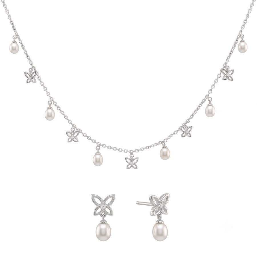 925 Sterling Silver Freshwater Pearl Butterfly Station Necklace & Drop Earrings Jewelry Set