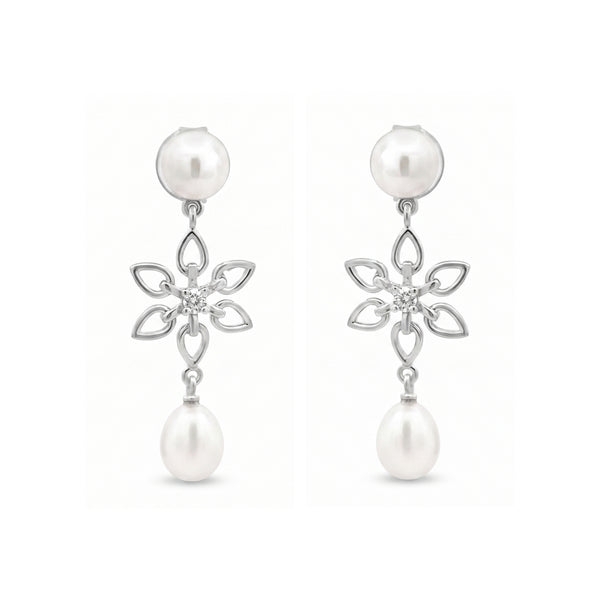 925 Sterling Silver Freshwater Pearl Floral Drop Earrings with Cubic Zirconia