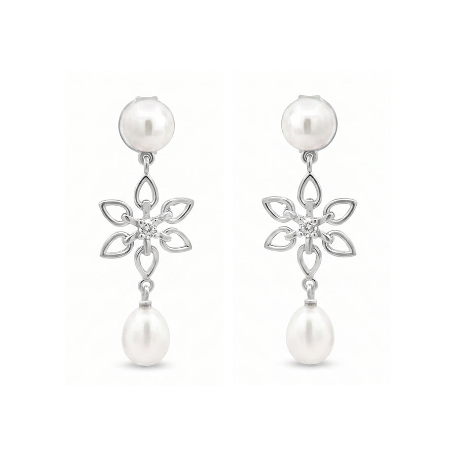 925 Sterling Silver Freshwater Pearl Floral Drop Earrings with Cubic Zirconia