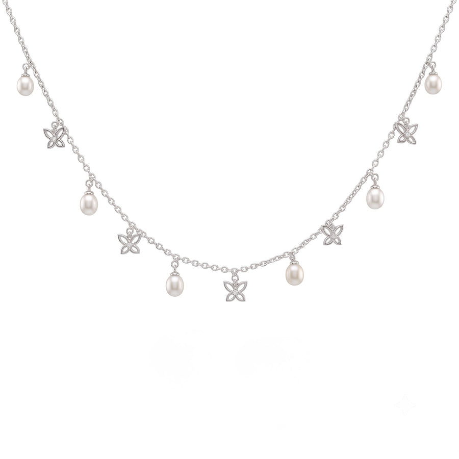 925 Sterling Silver Freshwater Pearl Butterfly Station Necklace & Drop Earrings Jewelry Set