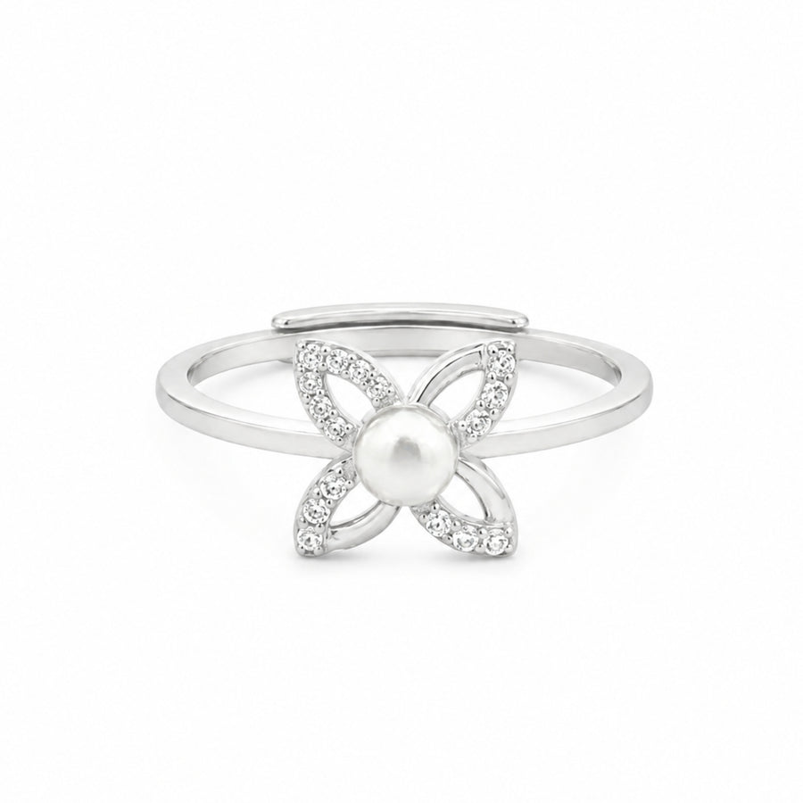 925 Sterling Silver Floral Pearl Adjustable Ring with Freshwater Pearl