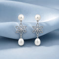 925 Sterling Silver Freshwater Pearl Floral Drop Earrings with Cubic Zirconia