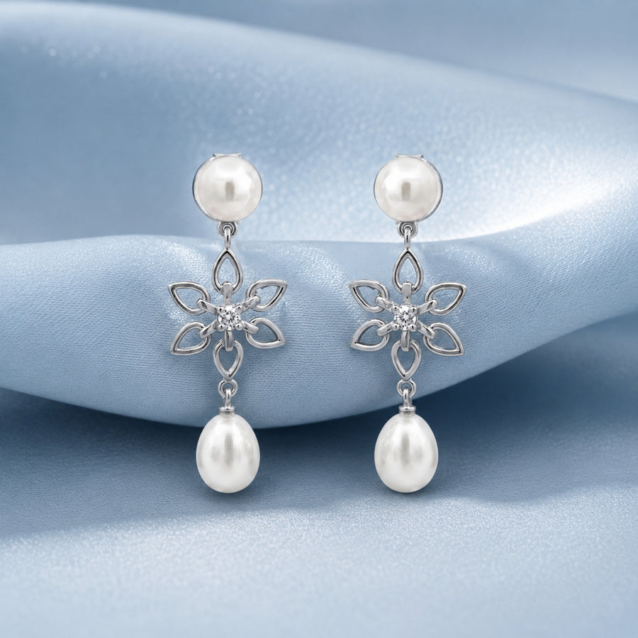 925 Sterling Silver Freshwater Pearl Floral Drop Earrings with Cubic Zirconia