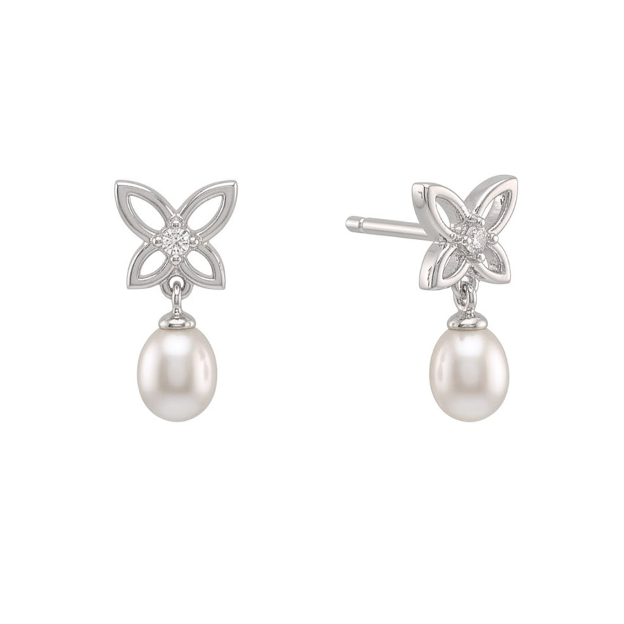 925 Sterling Silver Freshwater Pearl Butterfly Station Necklace & Drop Earrings Jewelry Set