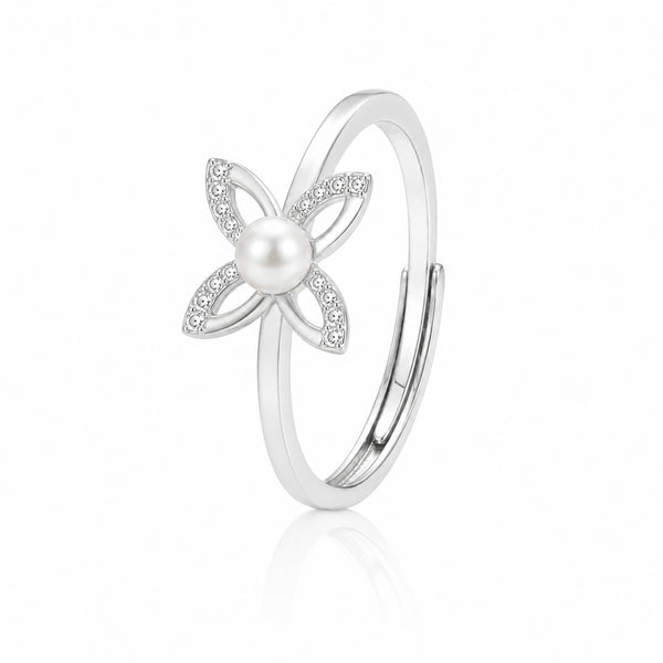 925 Sterling Silver Floral Pearl Adjustable Ring with Freshwater Pearl