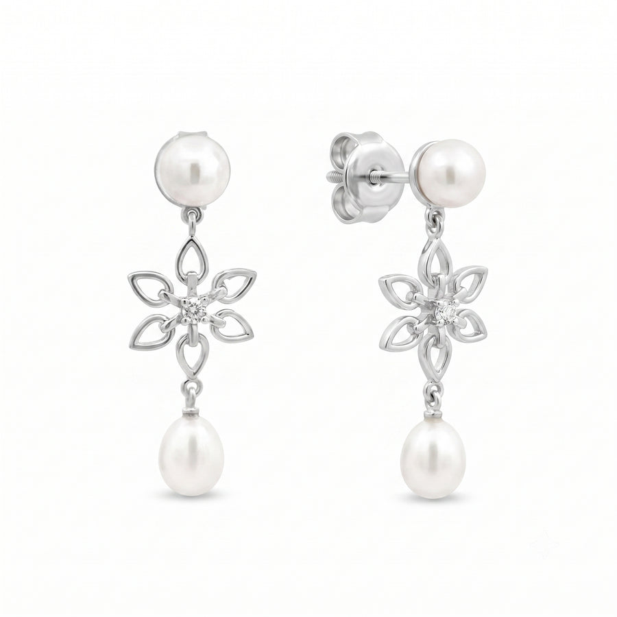 925 Sterling Silver Freshwater Pearl Floral Drop Earrings with Cubic Zirconia