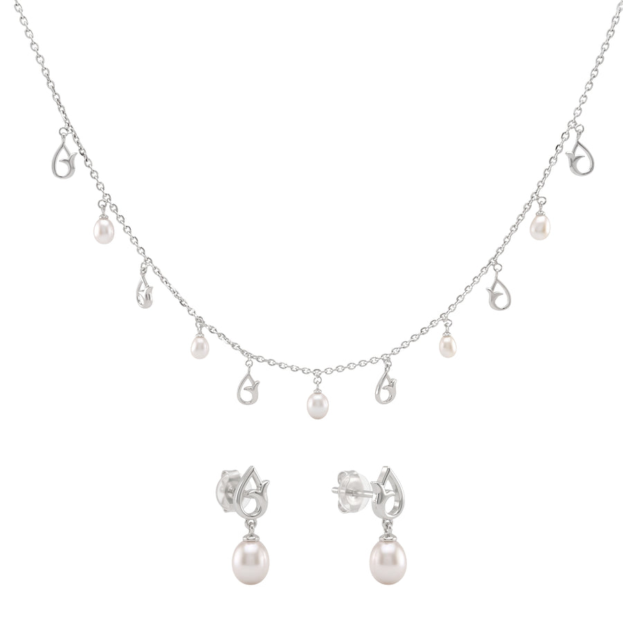 925 Sterling Silver Freshwater Pearl Tulip Charm Station Necklace & Drop Earrings Jewelry Set