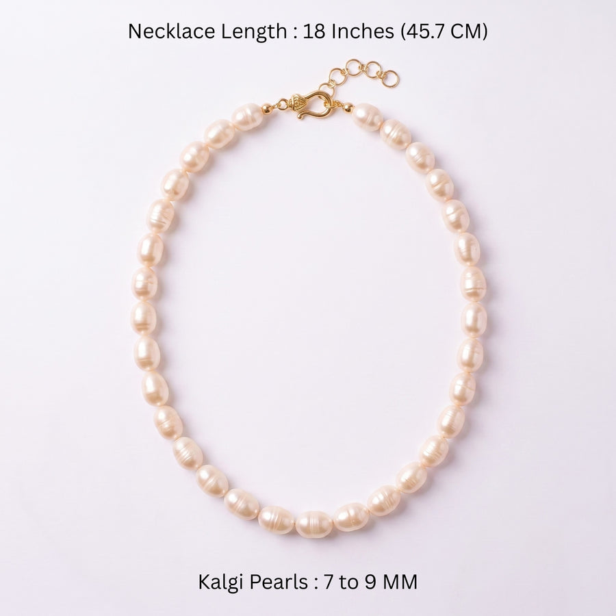 Elegant White Freshwater Kalgi Pearl Necklace – 18-Inch 7–9 mm Classic Pearl Strand with Adjustable Gold-Tone Clasp