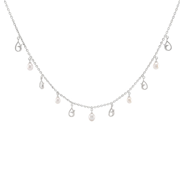 925 Sterling Silver Freshwater Pearl Tulip Charm Station Necklace & Drop Earrings Jewelry Set