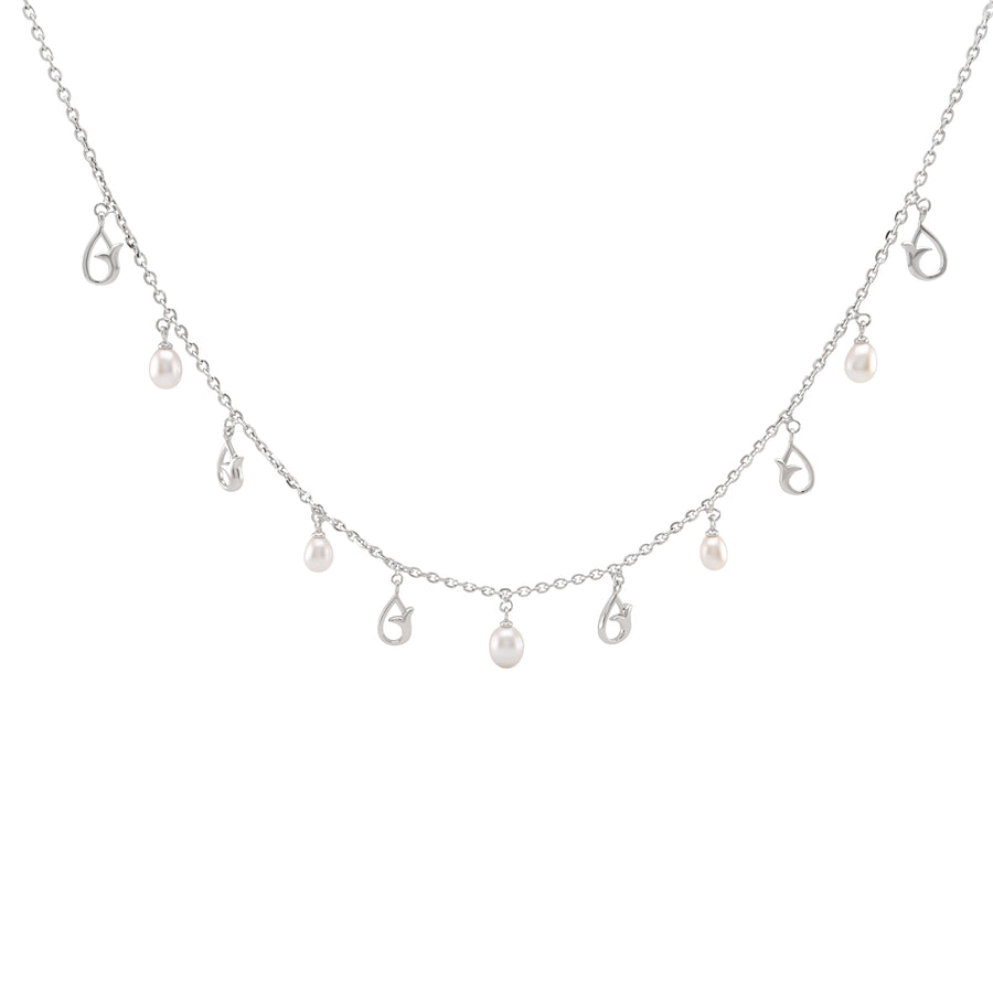 925 Sterling Silver Freshwater Pearl Tulip Charm Station Necklace & Drop Earrings Jewelry Set