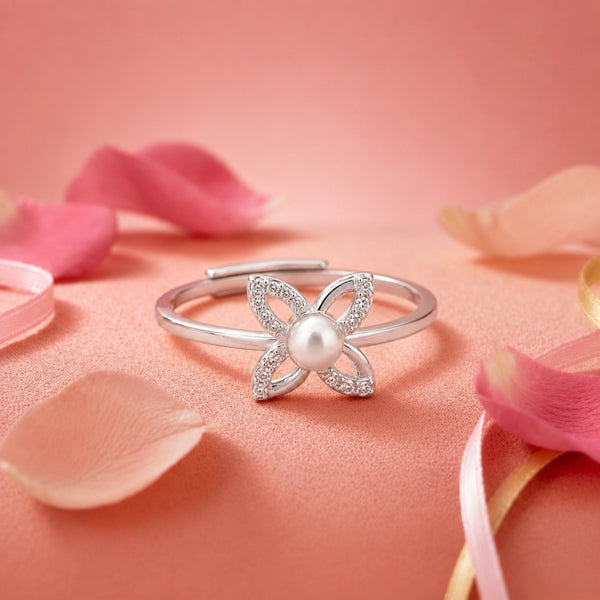 925 Sterling Silver Floral Pearl Adjustable Ring with Freshwater Pearl