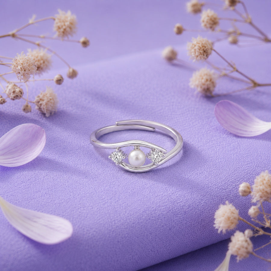 925 Sterling Silver Evil Eye Adjustable Ring with Freshwater Pearl