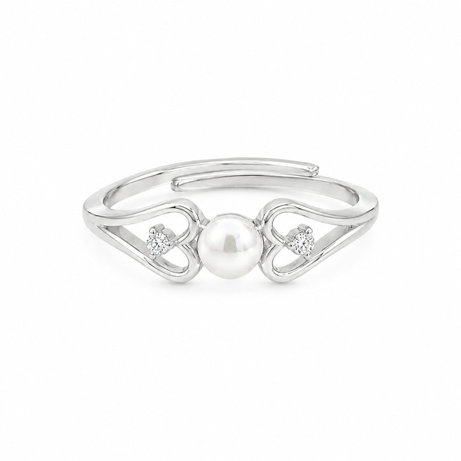 925 Sterling Silver Double Heart Adjustable Ring with Freshwater Pearl