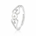 925 Sterling Silver Double Heart Adjustable Ring with Freshwater Pearl