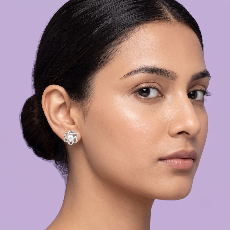 925 Sterling Silver Pearl Knot Flower Stud Earrings for Women