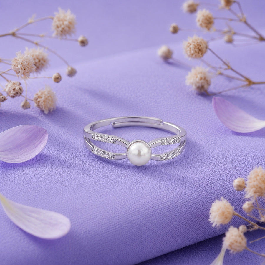 925 Sterling Silver Double Band Adjustable Ring with Freshwater Pearl