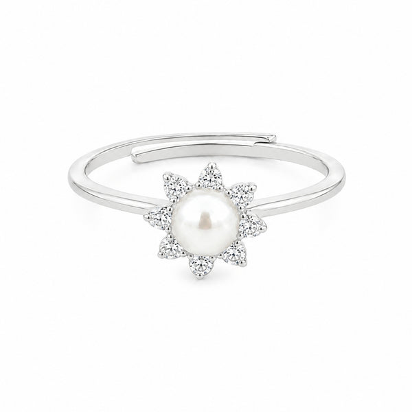 925 Sterling Silver Sunburst Adjustable Ring with Freshwater Pearl