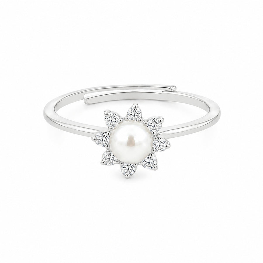 925 Sterling Silver Sunburst Adjustable Ring with Freshwater Pearl