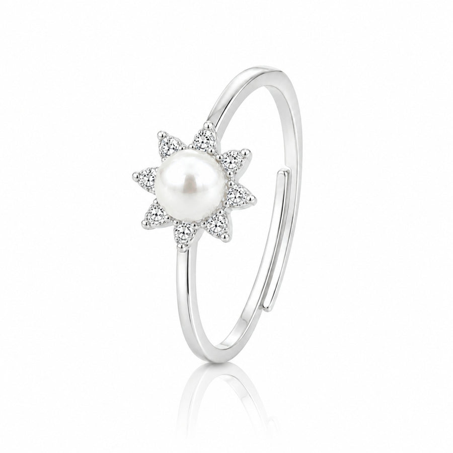 925 Sterling Silver Sunburst Adjustable Ring with Freshwater Pearl