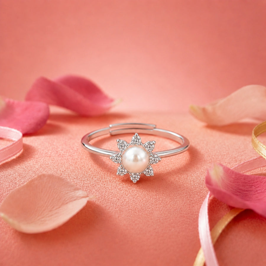 925 Sterling Silver Sunburst Adjustable Ring with Freshwater Pearl