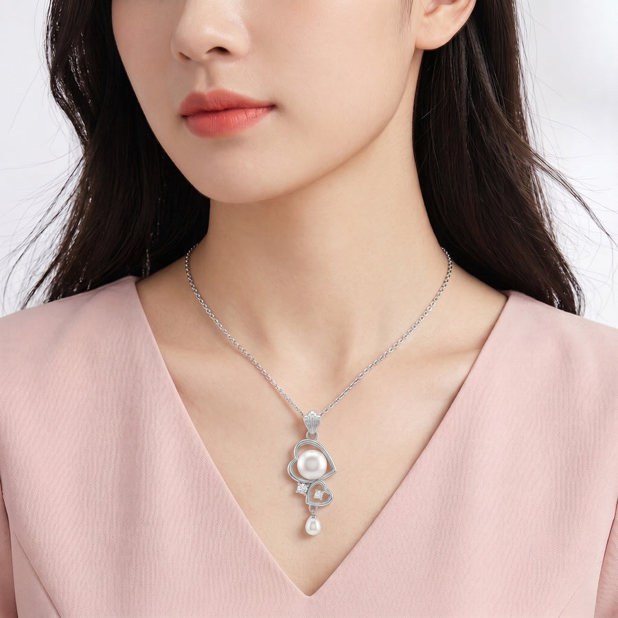 925 Sterling Silver Double Heart Pearl Drop Pendant