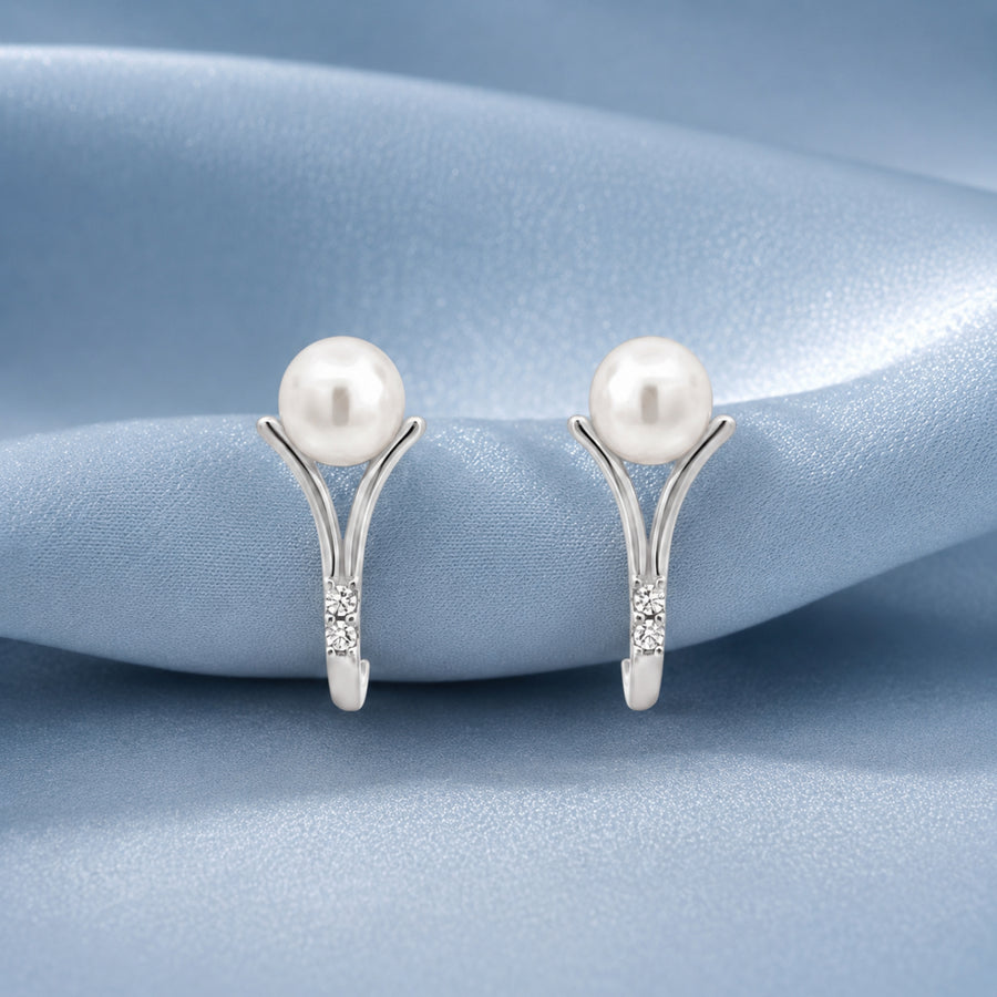 925 Sterling Silver Pearl Stud Earrings with CZ Accent