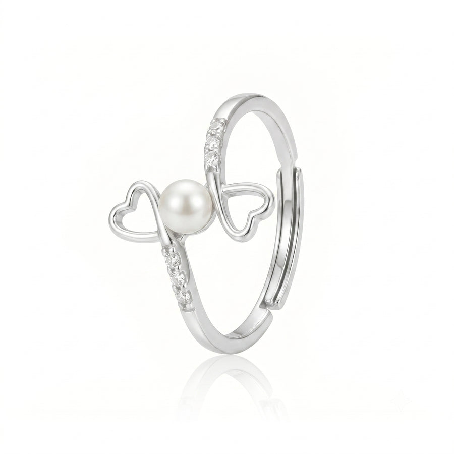 925 Sterling Silver Pearl Double Heart Adjustable Ring