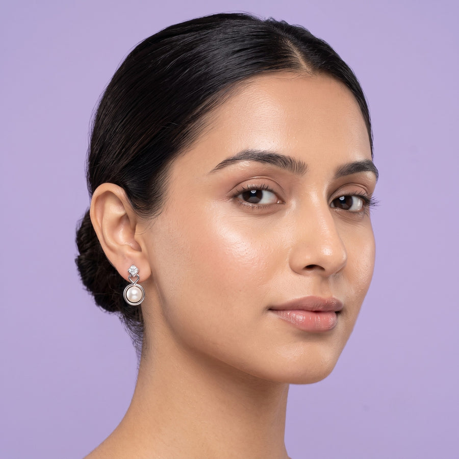 925 Sterling Silver Pearl & CZ Drop Stud Earrings