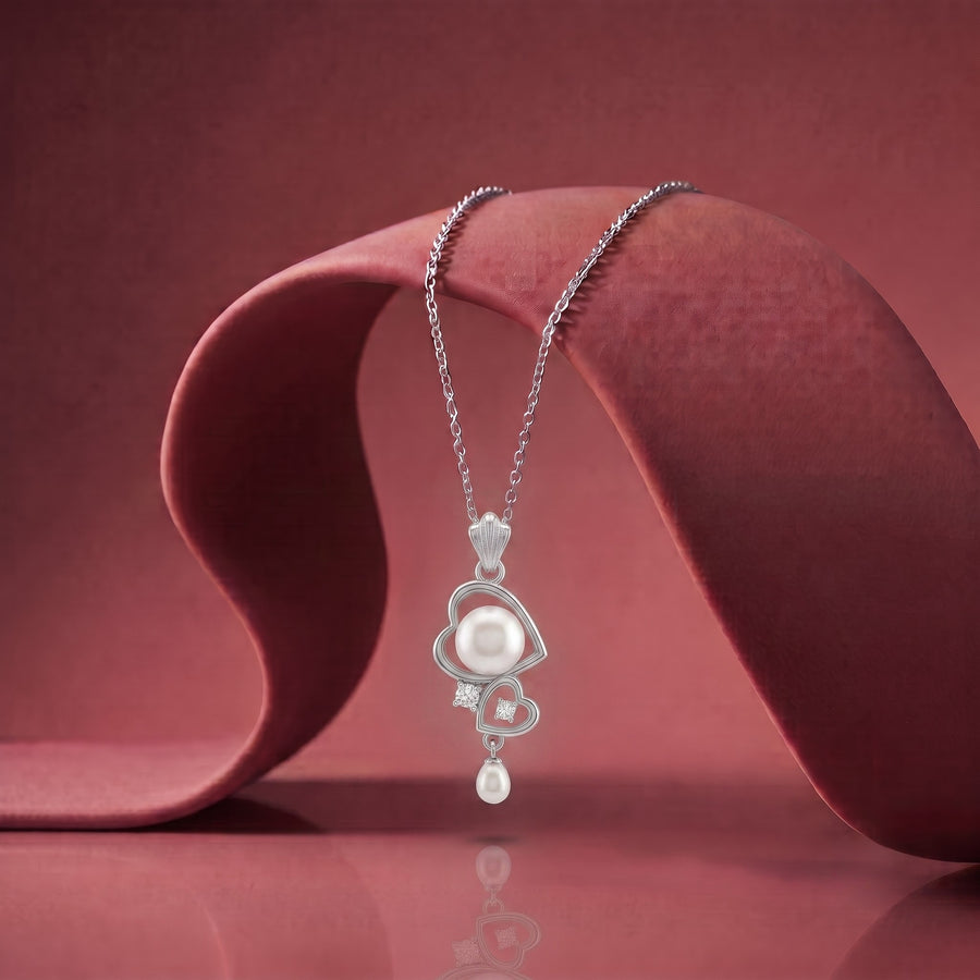925 Sterling Silver Double Heart Pearl Drop Pendant