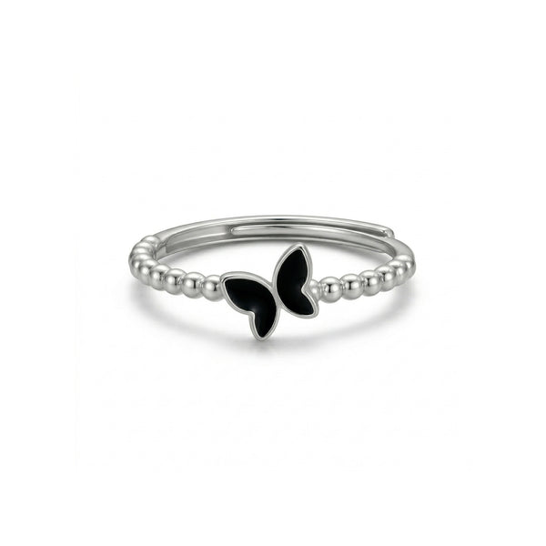 925 Sterling Silver Black Butterfly Adjustable Ring