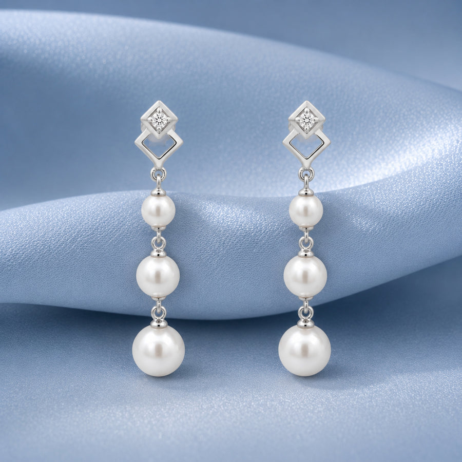 925 Sterling Silver Triple Pearl Drop Stud Earrings