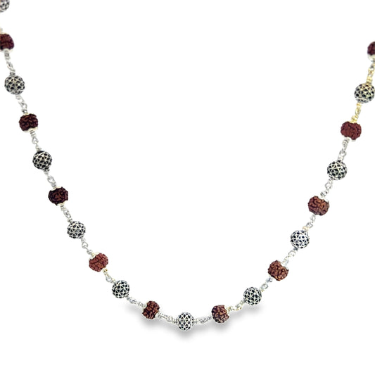 Silver Beaded Necklace with Rudraksha Accent
