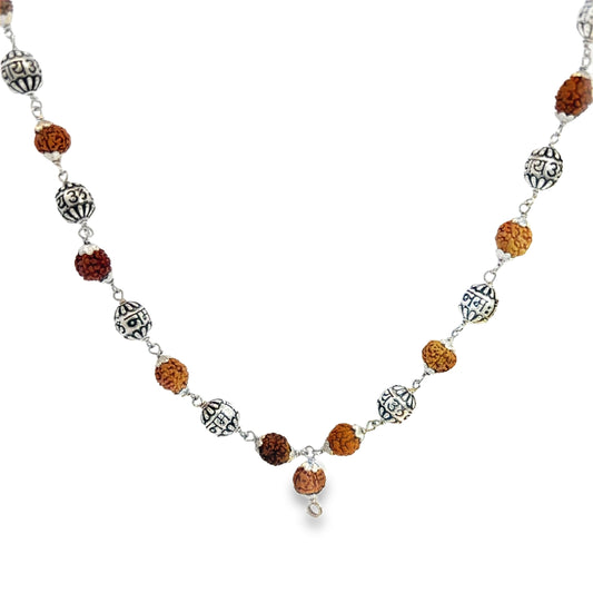 Silver Beaded Necklace with Rudraksha Seeds