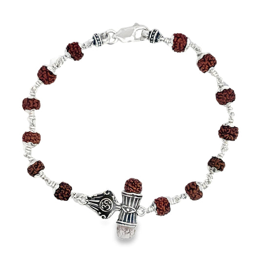 Rudraksha and Silver Beaded Bracelet with Shiva Trishul Pendant