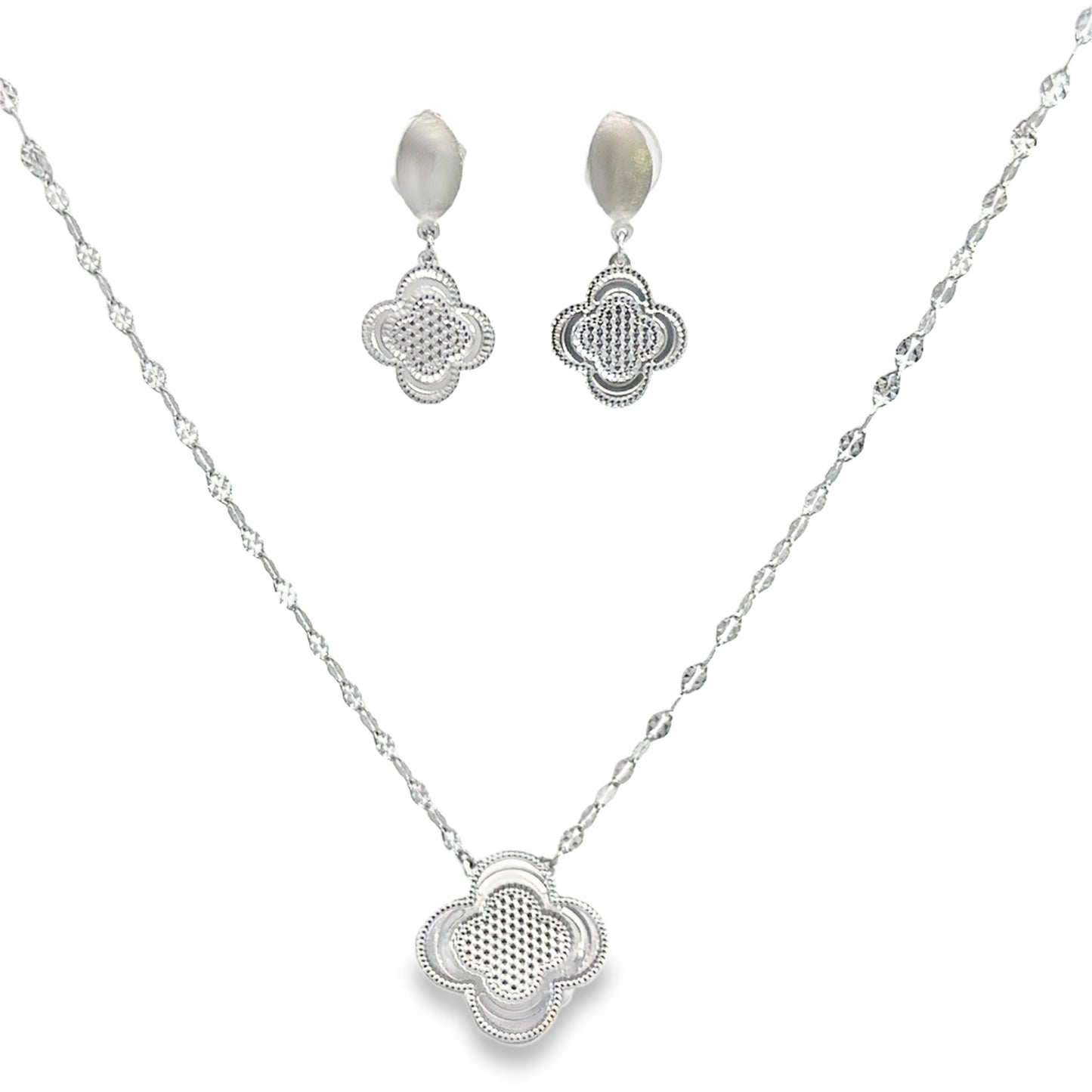 Elegant Silver Clover Charm Necklace and Earrings Set