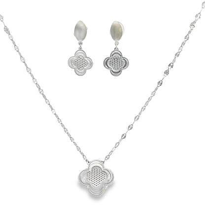 Elegant Silver Clover Charm Necklace and Earrings Set