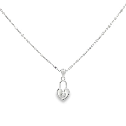 Silver Heart Lock Pendant Necklace with Round Diamond
