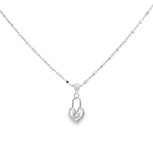 Silver Heart Lock Pendant Necklace with Round Diamond