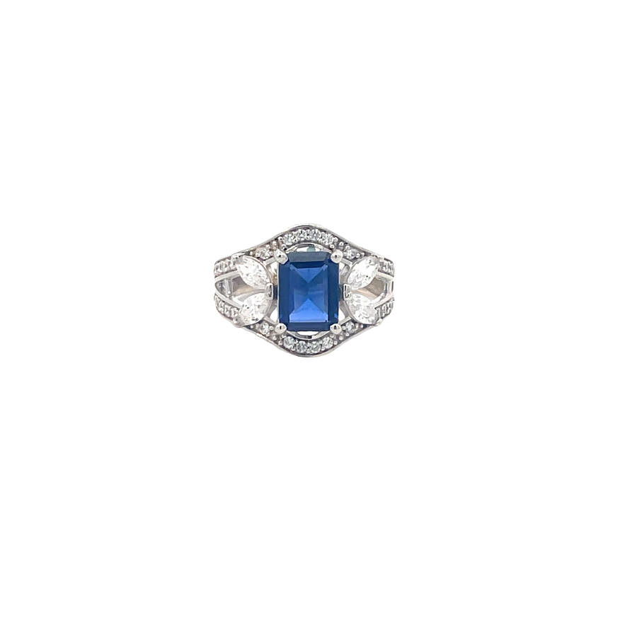 Emerald-Cut Blue Sapphire Solitaire Cocktail Ring in White Gold