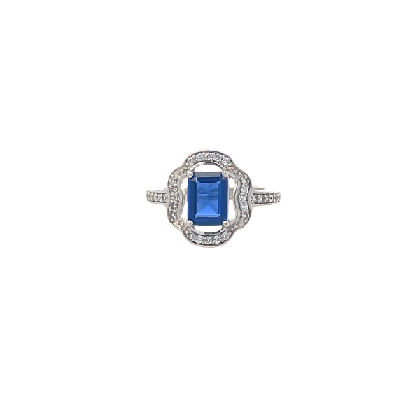 Elegant Emerald-Cut Blue Sapphire and Diamond Cocktail Ring in White Gold