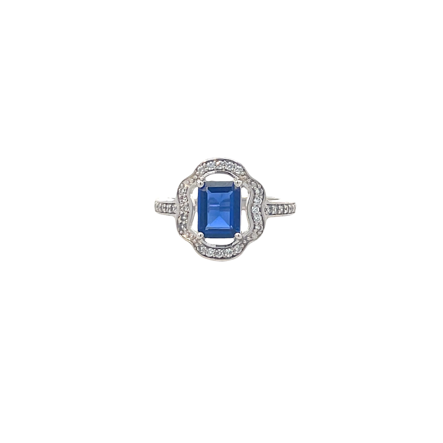 Elegant Emerald-Cut Blue Sapphire and Diamond Cocktail Ring in White Gold