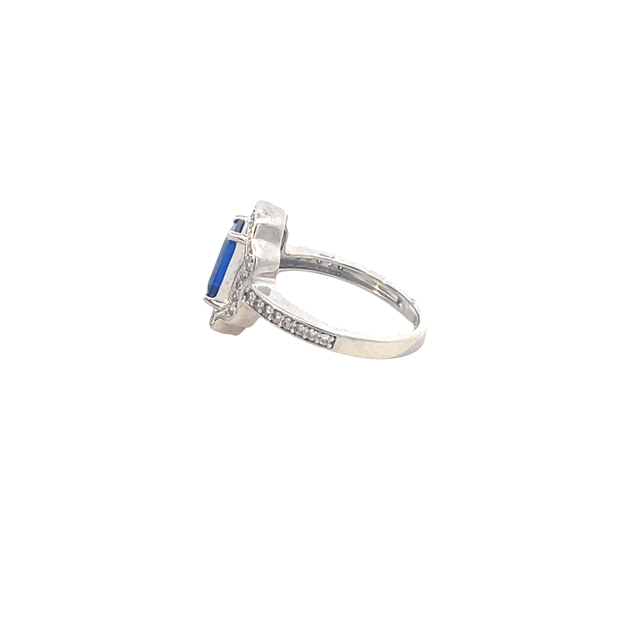 Elegant Emerald-Cut Blue Sapphire and Diamond Cocktail Ring in White Gold