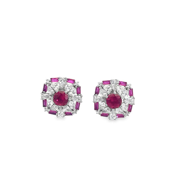 Elegant White Gold Round Brilliant Ruby and Diamond Cluster Earrings