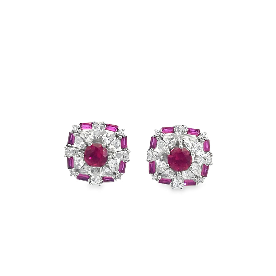925 Silver Ruby Floral Halo Stud Earrings