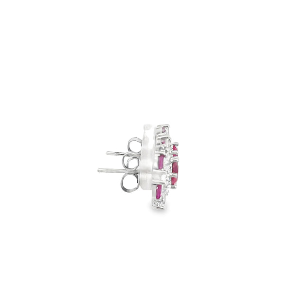Elegant White Gold Round Brilliant Ruby and Diamond Cluster Earrings