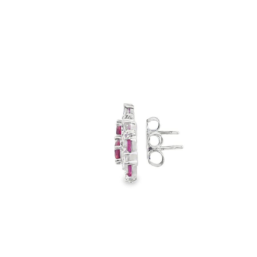 925 Silver Ruby Floral Halo Stud Earrings