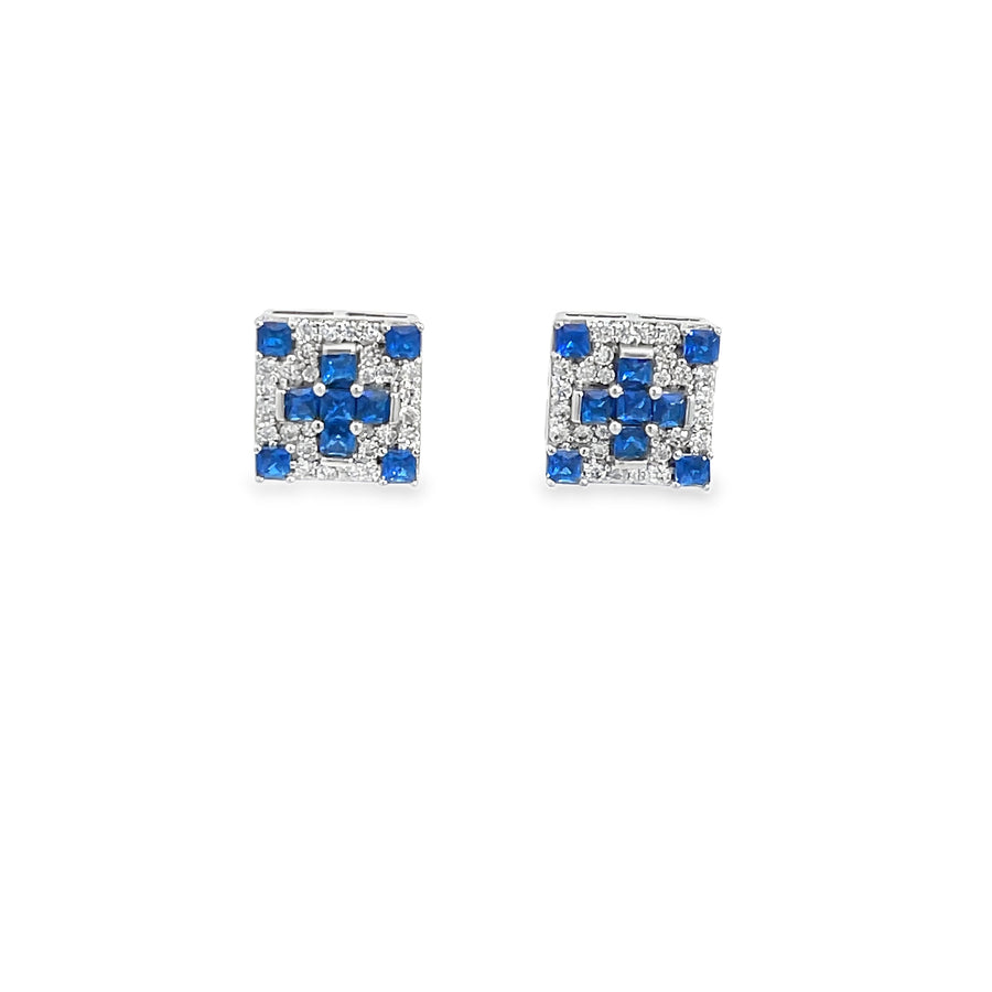 Classic Square Step-Cut Blue Sapphire Stud Earrings in White Gold
