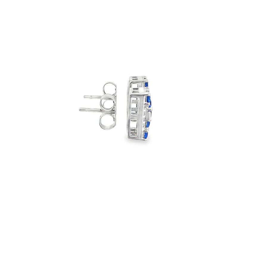 Classic Square Step-Cut Blue Sapphire Stud Earrings in White Gold