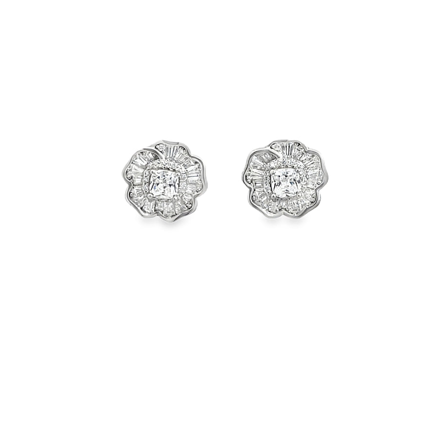 925 Silver Floral Halo Princess Cut Stud Earrings